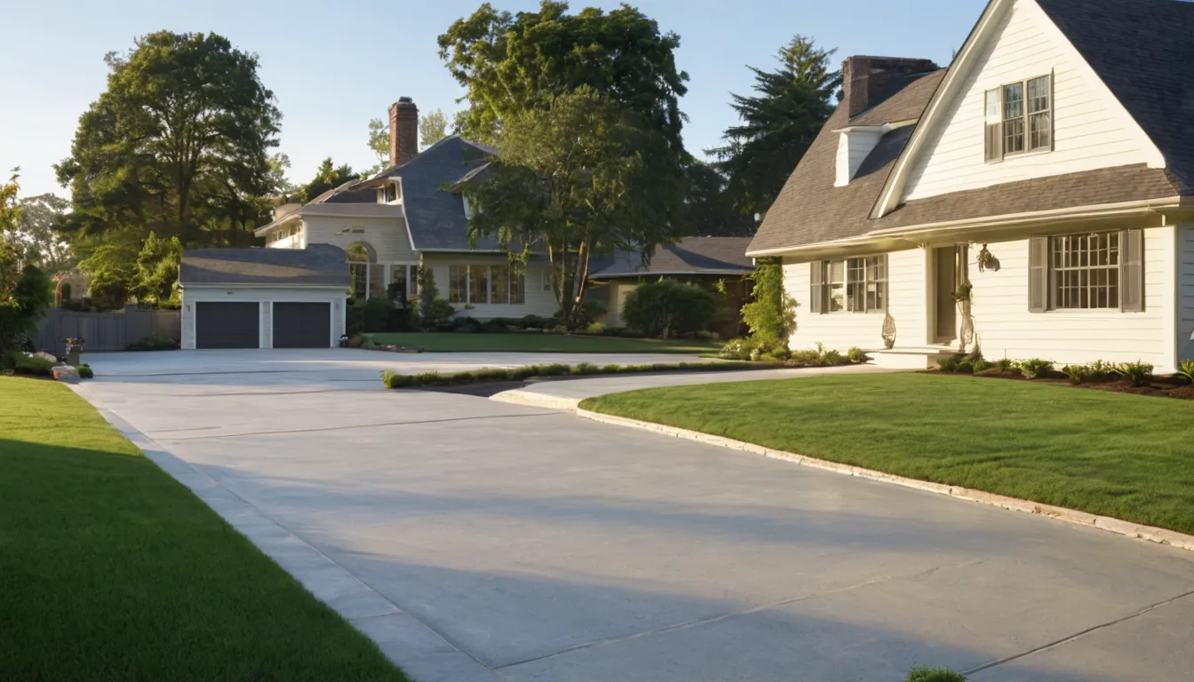 A freshly finished concrete driveway beside a colonial home in California